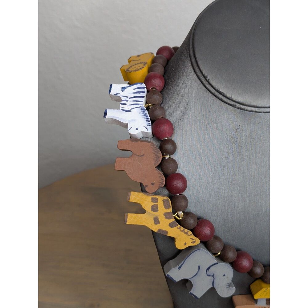 Vintage Noah's Ark Wood Bead Necklace Red Brown Animals 15" Teacher Preschool - Picture 3 of 6